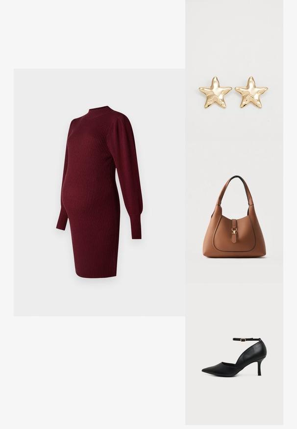 Vestido de maternidad de punto acanalado burdeos con mangas largas abullonadas y cuello alto, diseñado para adaptarse a una barriga de embarazo.; Zapato de tacón bajo tipo kitten heel de cuero negro con punta puntiaguda, correa en el tobillo y hebilla dorada sobre fondo neutro.; Bolso de mano de cuero marrón con acabado texturizado, forma curva, una sola correa para el hombro y detalle de herrajes en tono dorado en el frente.; Pendientes en forma de estrella dorada con un acabado suave y brillante y un diseño tridimensional, que presentan cinco puntas y una textura ligeramente curvada.