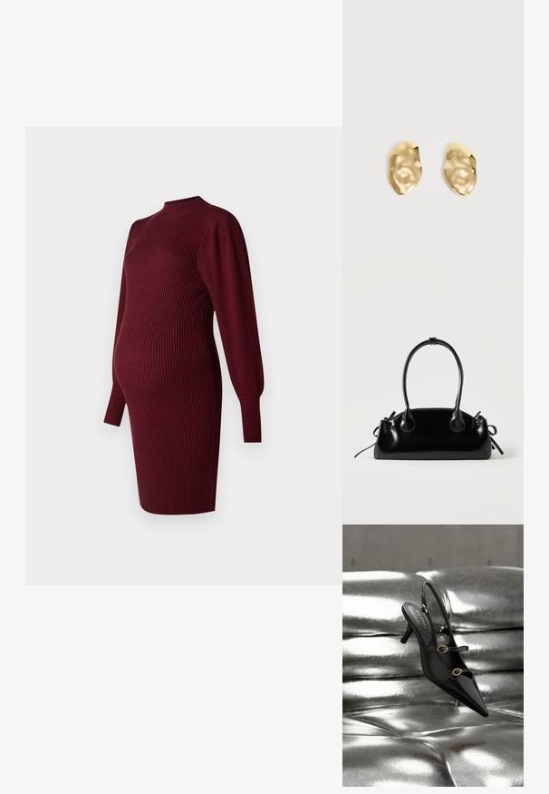 Bordeaux ribbet strikket gravidkjole med lange puffærmer og høj halsudskæring, designet til at passe en babybu.; Sort spids tå slingback-hæl med to gyldne spænder, der hviler på en blank sølvpolstret overflade.; Lille sort blank håndtaske med to lange håndtag og snøre-detaljer i siden på en ensfarvet lys baggrund.; Par skinnende, ujævnt formede øreringe af guldmetal med en krøllet, glat overflade på en ensartet lys baggrund.