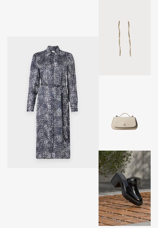 Calvin Klein DRESS - Tričkové šaty - inkwell; Čierne kožené šľapky Calvin Klein s blokovým podpätkom, ktoré oddychujú na drevených dlaždiciach vonku blízko zelenej rastliny a šedej steny.; Malá béžová kožená kabelka s horným držadlom a strieborným logom CK na prednej chlopni, zobrazená na bielom pozadí.; Dlhé zlaté náušnice zložené zo štyroch predĺžených prepojených zakrivených tyčí na bielom pozadí.