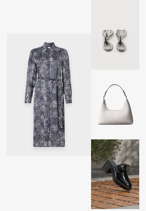 Calvin Klein DRESS - Tričkové šaty - inkwell; Čierne kožené šľapky Calvin Klein s blokovým podpätkom, ktoré oddychujú na drevených dlaždiciach vonku blízko zelenej rastliny a šedej steny.; Krémová kožená kabelka Calvin Klein cez rameno s oblým horným okrajom, strieborným zipsom a tmavo hnedým nastaviteľným remienkom.; Pár strieborných kovových náušníc s abstraktným prepletajúcim sa slučkovým vzorom na bielom pozadí.