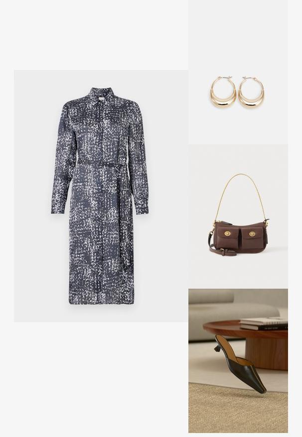Calvin Klein DRESS - Särkkleit - inkwell; Mustast nahast madala geomeetrilise kontsaga mule beežil vaibal, lähedal ümmargusele puidust kohvilauale, mille peal on kuhjad raamatuid.; Pruun nahast õlakott kahe ees oleva tasku ja kuldsete pöördlukkudega, millel on kuldne kettkäepide ja reguleeritav rihm.; Kuldsetes toonides nõelakujulised kõrvarõngad, läikiva pinna ja hingedega sulguriga. Sile tekstuur ja peegeldav viimistlus suurendavad nähtavust.