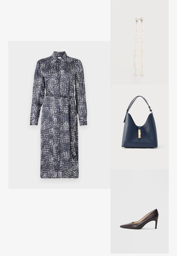 Calvin Klein DRESS - Särkkleit - inkwell; Pruun nahast terava varbaga kõrgete kontsadega king, mille konts on õhuke ja 7 cm kõrgune, sileda tekstuuri ja minimalistliku disainiga. Ilma nähtavate kaunistusteta.; Tumesinine nahast moonakott, millel on sile tekstuur, kõver siluett ja kuldsed tõmblukukinnitused. Reguleeritav õlarihm kaasas.; Pärlikõrvarõngad, millel on pikad niidid, mis sisaldavad eri kujuga valgeid pärleid ja hõbedasi aktsente ülaosas.