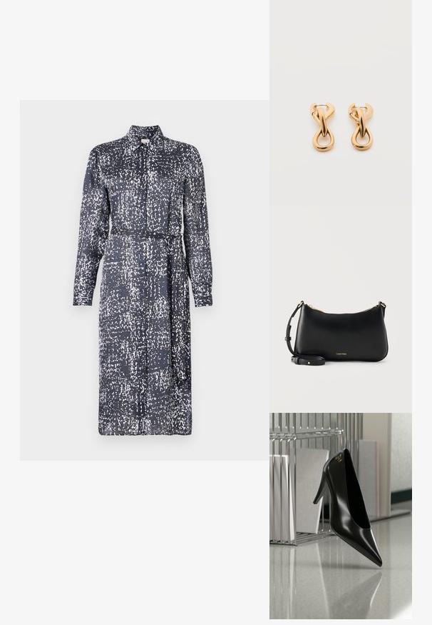 Calvin Klein DRESS - Tričkové šaty - inkwell; Čierna lodička na vysokom opätku so špicatou špičkou a zlatým logom, umiestnená na lesklej ploche vedľa chrómového drôteného organizéra na dokumenty.; Čierna kožená taška na rameno Calvin Klein so zlatým zipsom a nastaviteľným popruhom na jednoduchom svetlom pozadí.; Pár lesklých náušníc v tvare zlatých kruhov s prepleteným stočeným dizajnom na jednoduchom bielom pozadí.