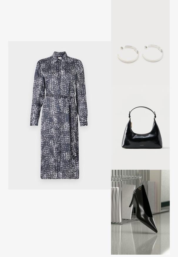 Calvin Klein DRESS - Tričkové šaty - inkwell; Čierna lodička na vysokom opätku so špicatou špičkou a zlatým logom, umiestnená na lesklej ploche vedľa chrómového drôteného organizéra na dokumenty.; Čierna lesklá kabelka Calvin Klein so zlatým zipsom a krátkym remienkom na bielom pozadí.; Strieborné polkruhové náušnice s ryhovanou textúrou a zadnou západkou na bielom pozadí.