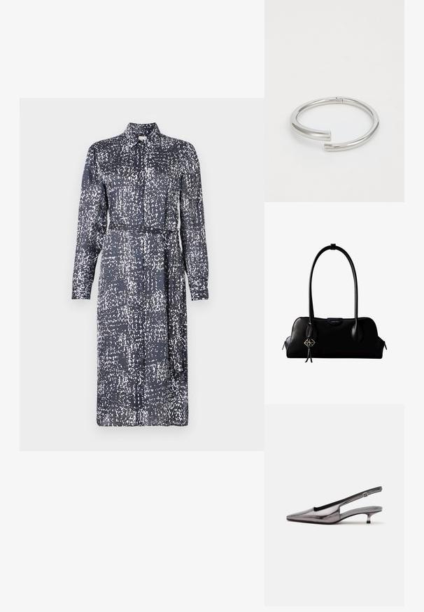 Calvin Klein DRESS - Tričkové šaty - inkwell; Metalicky sivá slingback obuv so špicatou špičkou, nízkym kitten podpätkom a nastaviteľným remienkom na bielom pozadí.; Čierna kožená kabelka Calvin Klein s dlhými rúčkami, prednou značkou s logom a strieborným geometrickým príveskom visiaci na jednej rúčke.; Calvin Klein SPIRAL - Náramok - silver-coloured