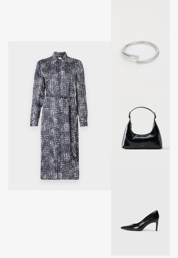 Calvin Klein DRESS - Särkkleit - inkwell; Mustmust musta kõrge kontsaga king, millel on terav varvas, sile tekstuur ja kitsenev konts. Minimalistlik disain, ilma täiendavate kaunistusteta.; Musta läikiv Calvin Kleini käekott kuldse luku ja lühikese rihmaga valgel taustal.; Calvin Klein SPIRAL - Käevõru - silver-coloured