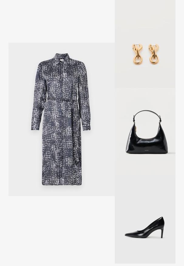 Calvin Klein DRESS - Tričkové šaty - inkwell; Čierna kožená vysoká topánka s ihlovým podpätkom a špičatou špicou, hladkou textúrou a zúženým podpätkom. Minimalistický dizajn, bez ďalších ozdôb.; Čierna lesklá kabelka Calvin Klein so zlatým zipsom a krátkym remienkom na bielom pozadí.; Pár lesklých náušníc v tvare zlatých kruhov s prepleteným stočeným dizajnom na jednoduchom bielom pozadí.