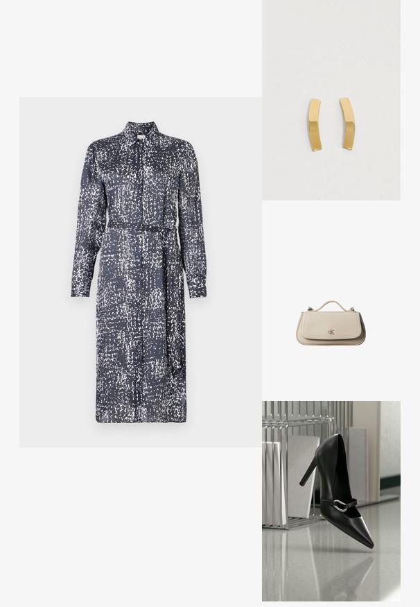 Calvin Klein DRESS - Tričkové šaty - inkwell; Čierna špicatá vysoká podpätková topánka so striebornou prackou na remienku, položená na reflexnej ploche blízko kovového organizéra súborov so správami.; Malá béžová kožená kabelka s horným držadlom a strieborným logom CK na prednej chlopni, zobrazená na bielom pozadí.; Náušnice z pozláteného kovu s zakriveným, predĺženým dizajnom. Povrch je hladký a lesklý, s minimalistickým štýlom.