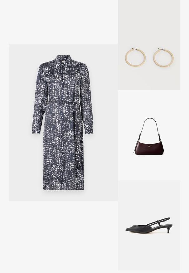 Calvin Klein DRESS - Särkkleit - inkwell; Mustad musta rihmaga kingad terava ninaga, valmistatud siledast materjalist, väikese kontsaga ja kaunistava hõbedase aksessuaari ning sillerdava pealsega.; Tume burgundia nahast käsitsi kotike, millel on peenike must õlarihm ja väike kuldne "cK" logo esiküljel keskel.; Paari keskmise suurusega siledad kuldsed kõrvarõngad hingedega kinnitusdetailiga, taustaks lihtne hele pind.