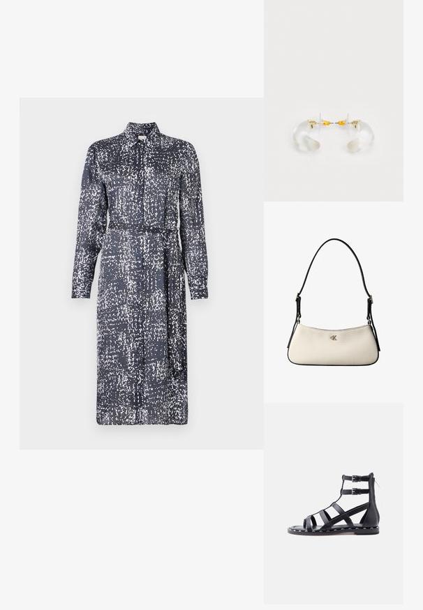 Calvin Klein DRESS - Särkkleit - inkwell; Mustad gladiaatorstiilis madalad sandaalid kahekordsete pahkluu rihmadega, hõbedaste pandlate, talla serva ääristavate neetide ja tagumise lukuosaga.; Väike kergelt kollaka tooniga õlakott musta ääristusega, reguleeritava musta rihmaga ning hõbedane "cK" logo esiküljel keskel.; Selged akrüülringid kuldsete aktsentidega, kõveriku disainiga ja läbipaistva klammerdiga. Sujuv tekstuur, minimalismi stiil.
