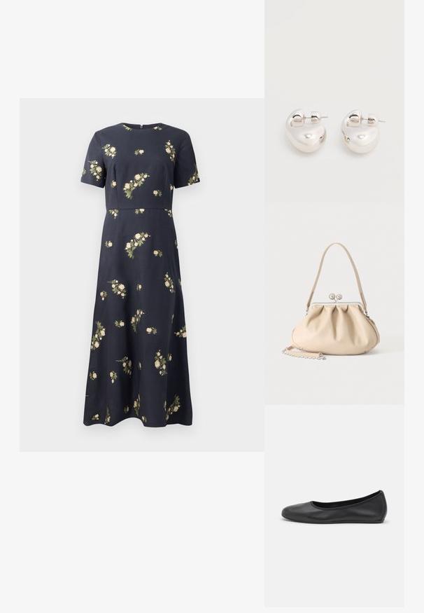 Vestido azul marino con mangas cortas, patrón floral con pequeñas rosas crema, cuerpo ajustado y diseño de falda en A. Cremallera en la parte posterior.; Bailarina de piel negra con punta redondeada, textura suave, detalle de costura minimalista y diseño de suela flexible.; Bolso de mano de cuero suave beige con cierre de marco metálico plateado, una correa para el hombro y una correa de cadena opcional sobre un fondo blanco.; Par de pendientes llamativos de aro grueso plateado brillante con cierre de poste sobre un fondo blanco liso.