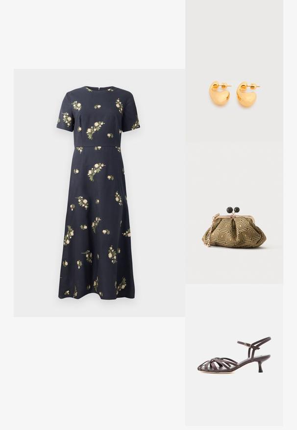 Marineblå kjole med korte ærmer, blomsterprint med små kremfarvede roser, tætsiddende liv og A-linje skørt design. Lynlås på ryggen.; Mørkebrun læder sandal med smalle remme, kitten heel og justerbar ankelrem med spænde på hvid baggrund.; Lille clutch taske med gyldent og sort geometrisk mønster, guldfarvet metalramme, sort kuglelås og en kort guldkæde som rem.; Par af små, robuste ørestikker i guldfarvet metal med glatte, buede, abstrakte former på en lys baggrund.