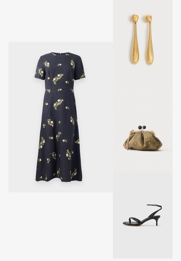 Vestido azul marino con mangas cortas, patrón floral con pequeñas rosas crema, cuerpo ajustado y diseño de falda en A. Cremallera en la parte posterior.; Sandalia negra de cuero para mujer con tiras finas, un lazo para el dedo del pie, hebilla en el tobillo y tacón de aguja de altura media sobre un fondo neutro.; Pequeño bolso de mano con patrón geométrico en dorado y negro, marco metálico dorado, cierre de bola negro y una corta correa de cadena dorada.; Par de pendientes largos, lisos y brillantes en forma de lágrima dorada con puntas redondeadas y formas de lágrima afiladas sobre un fondo claro.