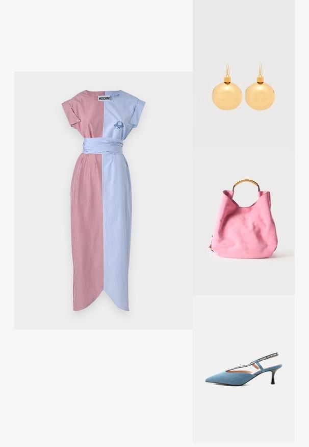 Stribet kjole med røde og blå paneler, korte ærmer, taljebånd, sideslids og broderet detalje. Stoffet ser glat og let ud.; Blå spids slingback kitten heel med sort rem med hvid "Love Moschino" tekst på lys baggrund.; Blød lyserød ruskindshåndtaske med rundt håndtag i guldmetal og en let slap, ustruktureret form mod en ensfarvet baggrund.; Par af skinnende gyldne julekugleøreringe med krog-lukninger på en ensfarvet hvid baggrund.