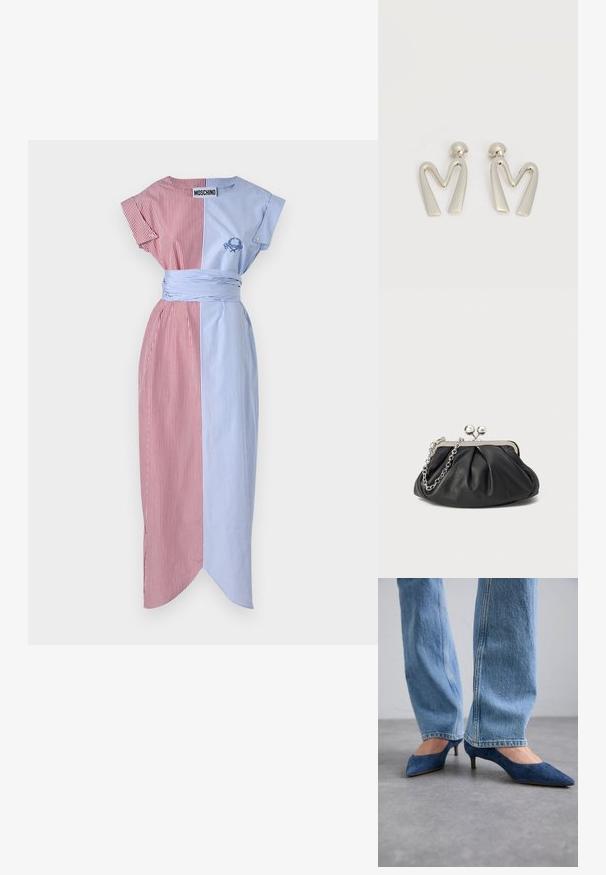 Vestido a rayas con paneles rojos y azules, mangas cortas, cinturilla con lazo, abertura lateral y detalles bordados. La tela parece suave y ligera.; Zapatos de tacón kitten de ante azul con punta afilada y tacón bajo, combinados con jeans de mezclilla azul claro con corte recto.; Clutch de cuero negro con textura arrugada, marco de metal en tono plateado, cierre de beso y cadena para colgar. Superficie suave y lisa.; Par de pendientes de metal plateado con forma de letra M angular y postes redondeados sobre un fondo blanco.