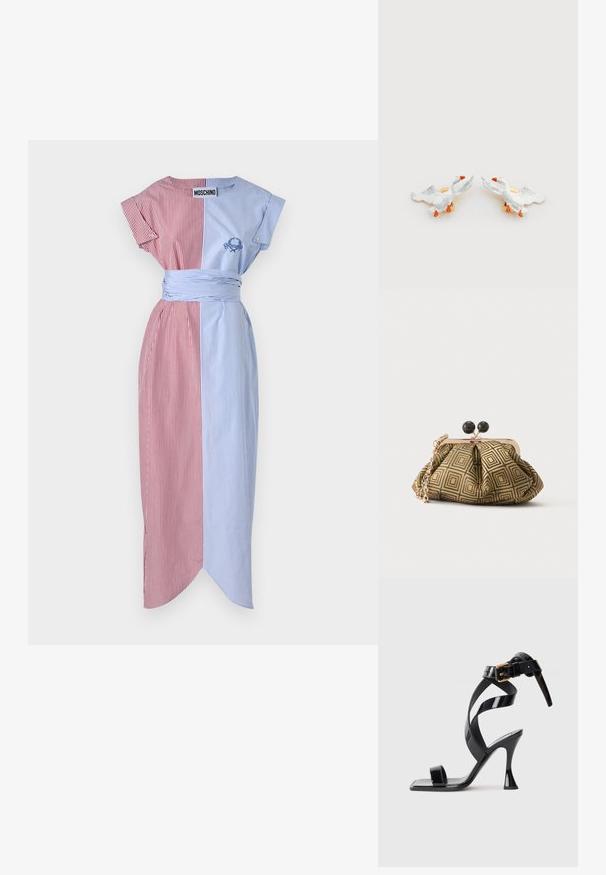 Stribet kjole med røde og blå paneler, korte ærmer, taljebånd, sideslids og broderet detalje. Stoffet ser glat og let ud.; Sorte patentlæder højhælede sandal med firkantet tå, ankelrem og guldlås på hvid baggrund.; Lille clutch taske med gyldent og sort geometrisk mønster, guldfarvet metalramme, sort kuglelås og en kort guldkæde som rem.; Keramiske andeformede ørestikker med hvide kroppe, orange næb og guldfarvet metal, med hævede vinger og detaljerede teksturer.