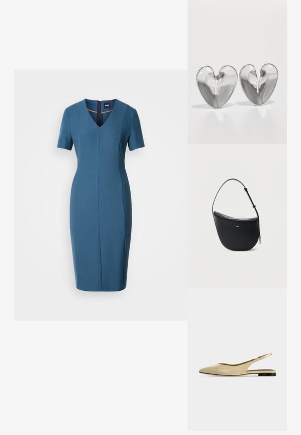 Blå tætsiddende kjole med korte ærmer, V-hals og lynlås bagpå. Glat tekstur, knælængde med skræddersyet silhuet og sømdetaljer.; Beige spids tå slingback flad sko med lav sort hæl og en glat læderfinish, vist fra siden på en ensfarvet baggrund.; Sort halv-måne skuldertaske i læder med justerbar rem og guld "BOSS"-logo centreret foran.; Et par skinnende, sølvfarvede hjerteformede studs med en glat, let buet overflade på en hvid baggrund.