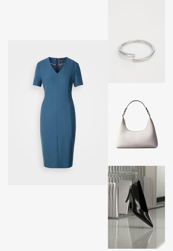 Robe ajustée bleue avec des manches courtes, décolleté en V et fermeture à glissière au dos. Texture lisse, longueur genoux avec une silhouette cintrée et des détails de couture.; Chaussure noire à talon haut avec bout pointu et logo doré, posée sur une surface réfléchissante près d'un organiseur de dossiers en fil chromé contenant des documents.; Sac à bandoulière en cuir couleur crème de Calvin Klein avec bord supérieur incurvé, fermeture éclair argentée et sangle ajustable brun foncé.; Calvin Klein SPIRAL - Bracelet - silver-coloured