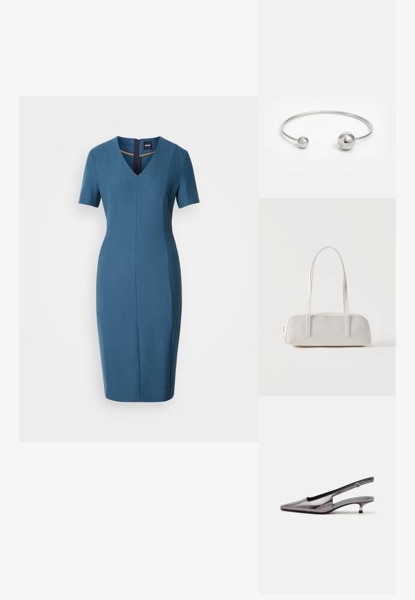 Vestido azul ajustado con mangas cortas, escote en V y cremallera en la espalda. Textura suave, de largo hasta la rodilla con una silueta entallada y detalles de costura.; Zapato slingback gris metálico con punta puntiaguda, tacón bajo tipo kitten y correa ajustable sobre fondo blanco.; Bolso de hombro rectangular blanco con correas largas y delgadas, costuras mínimas y cierre de cremallera sobre un fondo liso.; Brazalete de metal plateado con dos acentos esféricos en cada extremo, superficie lisa, diseño abierto y forma elegante y minimalista.