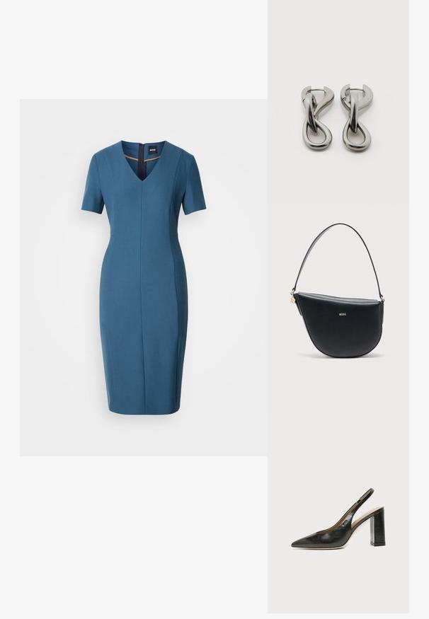 Blauwe aansluitende jurk met korte mouwen, V-hals en een rits aan de achterkant. Soepele textuur, knielang met een getailleerde pasvorm en naaddetails.; Zwarte leren slingback schoen met spits toelopend neusje, hoge blokhak en beige binnenvoering tegen een effen lichte achtergrond.; Zwarte leren handtas in halve maan vorm met een enkele schouderriem en een gouden BOSS-logo in het midden aan de voorkant.; Set zilverkleurige metalen oorbellen met een abstract ontwerp van in elkaar grijpende lussen op een witte achtergrond.
