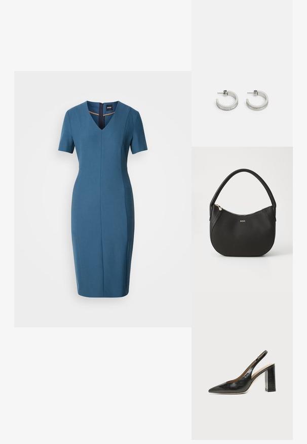Blå tætsiddende kjole med korte ærmer, V-hals og lynlås bagpå. Glat tekstur, knælængde med skræddersyet silhuet og sømdetaljer.; Sort læder peep-toe slingback sko med høj blokhæl og beige indvendig foring mod en ensfarvet lys baggrund.; Sort lædertaske med en rund form og en enkelt toprem. Har en lynlåslukning og et subtilt guldlogo på fronten.; Sølvøreringe i hoop-stil med en glat overflade og en række små klare sten langs den nederste kant, med en post-back lukning.