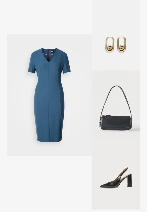 Blå tætsiddende kjole med korte ærmer, V-hals og lynlås bagpå. Glat tekstur, knælængde med skræddersyet silhuet og sømdetaljer.; Sort læder peep-toe slingback sko med høj blokhæl og beige indvendig foring mod en ensfarvet lys baggrund.; Sort rektangulær skuldertaske i læder med guld lynlås og lille guld "HUGO"-logo på fronten, med justerbar strop med spænde.; BOSS DOUBLE B SWING - Øreringe - gold-coloured