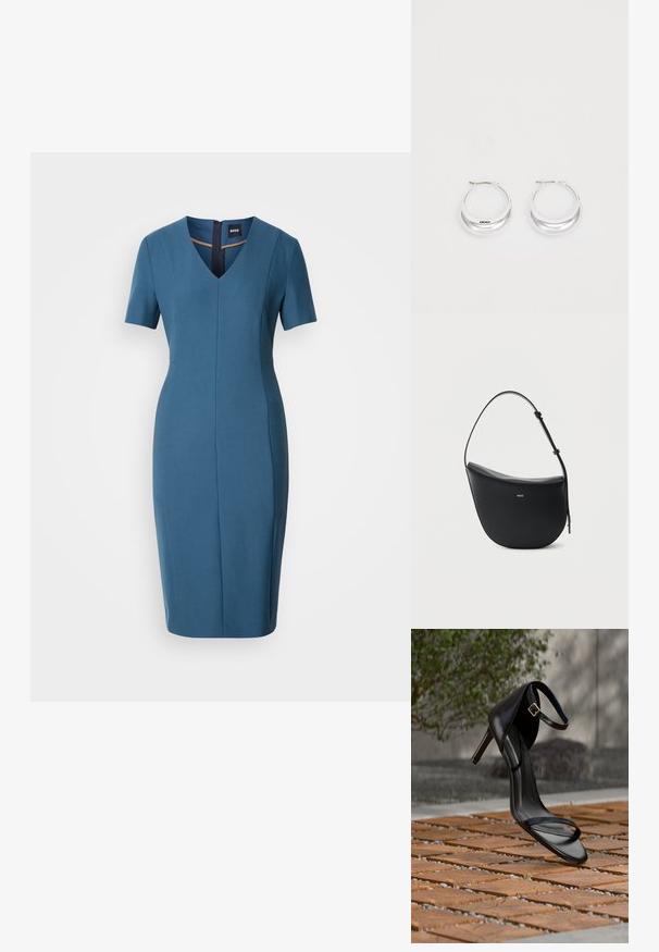 Vestido azul ajustado con mangas cortas, escote en V y cremallera en la espalda. Textura suave, de largo hasta la rodilla con una silueta entallada y detalles de costura.; Sandalia negra de tacón alto con correa en el tobillo, parece suspendida sobre un suelo de baldosas de madera al aire libre, con un fondo difuminado de vegetación y piedra.; Bolso de hombro de cuero negro en forma de media luna, con correa ajustable y logo dorado "BOSS" centrado en el frente.; Pendientes de aro de plata con un acabado pulido y la marca DKNY, exhibidos sobre un fondo blanco liso.