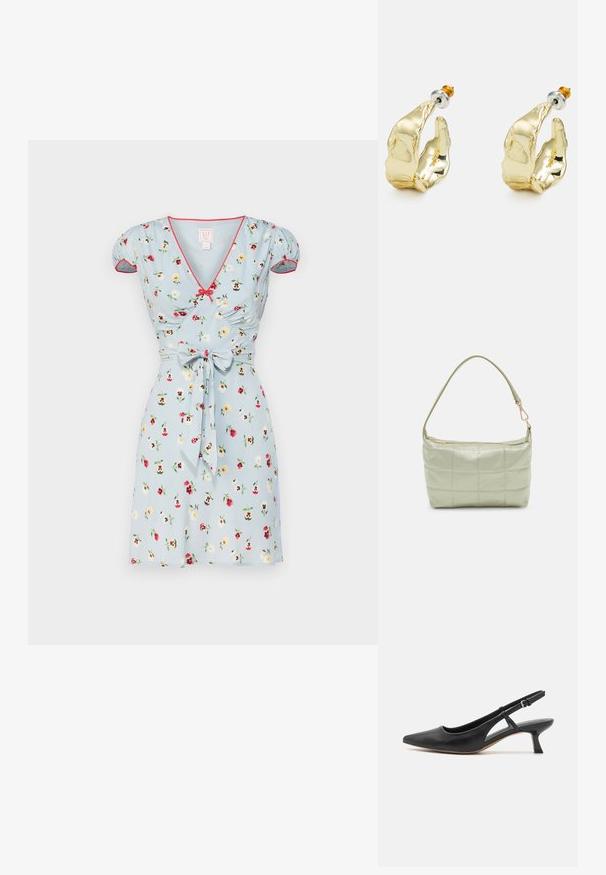 Lys blå kort kjole med blomstermønster, puffede ærmer, v-hals og rød kant. Har en bundet talje-detail og er lavet af et glat stof.; Sort læder slingback-sko med spidse tæer, lav blokhæle, udskårne sidedele og justerbar ankelrem. Glat tekstur hele vejen igennem.; Polstret grøn skuldertaske med blød tekstur, rektangulær form, enkelt strop og lynlås i guldtoner. Har et quiltet mønster.; Guldtonede øreringe formet som abstrakte hænder, med en skinnende overflade, intrikate detaljer og en sølv- og guldfarvet post til sikker fastgørelse.