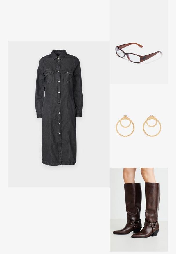 Mørk denim skjorte kjole med lange ærmer, knaplukning foran, to brystlommer og en mellemlang længde. Teksturen er blød med en klassisk pasform.; RAID NEVIS - Cowboy- / bikerstøvler - brown; Brune-farvede rektangulære briller med en glat overflade, der har slanke arme og gennemsigtige linser. Logoet er synligt på venstre temple.; Guldfarvede hoopsøreringe med to sammenkoblede cirkler og en struktureret overflade. Designet med en glat og sikker bagbeklædning.