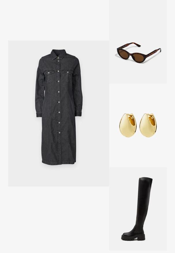 Mørk denim skjorte kjole med lange ærmer, knaplukning foran, to brystlommer og en mellemlang længde. Teksturen er blød med en klassisk pasform.; ONLY SHOES ONLBANYU - Overknees - black; Brune skildpadde solbriller med en vintage katteøje-form og brune linser. Har buede arme med røde detaljer.; Par glatte, polerede guldbøjleøreringe i dråbeform med hængslet lukning, vist på en hvid baggrund.