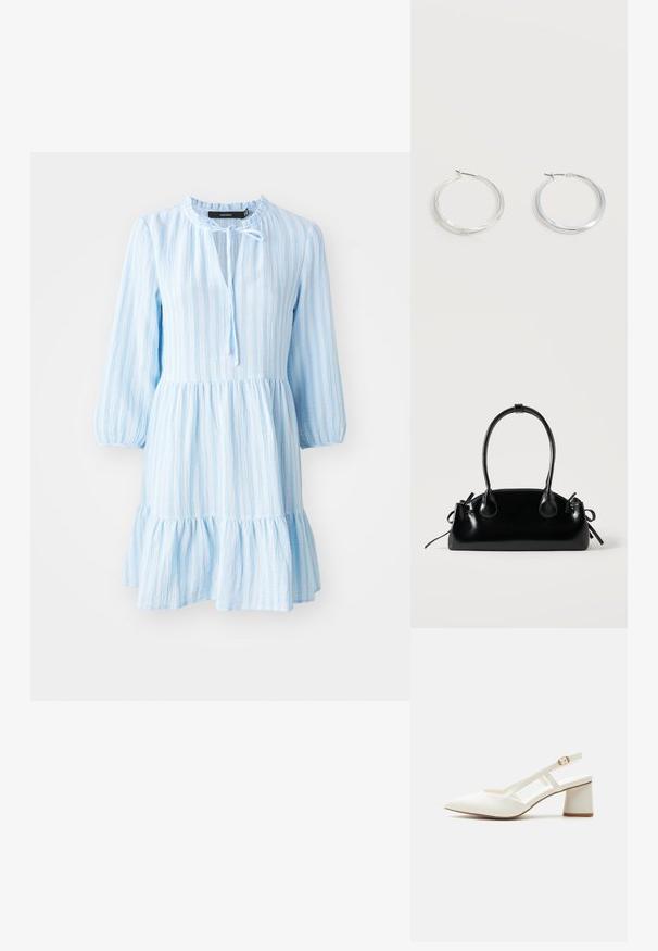 Hellblau gestreiftes Baumwollkleid mit langen Ärmeln, Rüschensaum und gebundenem Ausschnitt. Bietet einen lockeren Schnitt und eine weiche Textur.; Weißer Slingback-Schuh mit niedrigem Blockabsatz, spitzer Zehenpartie, dünnem verstellbarem Riemen und goldener Schnalle vor einem einfarbigen Hintergrund.; Kleine schwarze glänzende Handtasche mit zwei langen Griffen und seitlichen Kordelzug-Details vor einfachem hellem Hintergrund.; Silberne Metallcreolen mit glatter, leicht gebogener Oberfläche und Klappverschluss vor schlicht weißem Hintergrund.