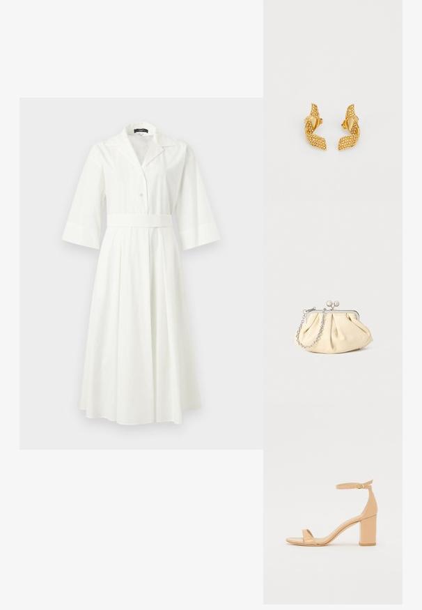 Vestido midi blanco con cuello ancho, mangas tres cuartos, botones en la parte delantera y cinturilla ajustada.; Sandalias de tacón de charol nude con punta cuadrada, correa de tobillo y un tacón ancho. Textura suave y detalles de diseño minimalistas.; Clutch de cuero beige plisado con un marco de metal plateado, que cuenta con dos broches decorativos redondos y una correa de cadena plateada.; Pendientes en tono dorado con un diseño de hoja retorcida, adornados con pequeñas piedras brillantes y asegurados con un cierre de presión.