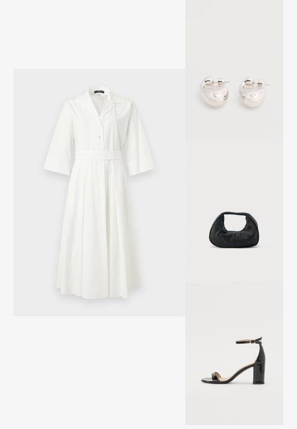 Robe midi blanche avec large col, manches trois-quarts, boutonnière devant et taille cintrée.; Sandale à talon haut en cuir verni noir avec bride à la cheville et boucle dorée, bout ouvert et talon bloc sur fond blanc.; Sac hobo tissé noir avec une structure souple et une poignée intégrée, présenté sur un fond clair uni.; Paire de boucles d'oreilles argentées brillantes et épaisses avec fermoirs à tige, sur fond blanc uni.