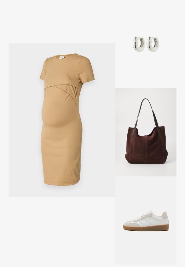 Zwangere jurk in bruin, gemaakt van zachte katoen. Heeft een ronde halslijn, korte mouwen en een gedrapeerd ontwerp over de buik voor comfort.; Witte leren sneakers met beige suède accenten, een gestructureerde tong en een rubberen zool. Voorzien van witte veters en subtiele gestikte details.; Bruine suede totebag met twee donkere leren schouderbanden. Zachte textuur, ronde bovenkant en een ruime binnenkant. Geen zichtbare hardware of versieringen.; Zilveren creolen met een glad, afgerond ontwerp en een glanzende afwerking. Voorzien van een eenvoudige scharnier sluiting voor gemakkelijk dragen.