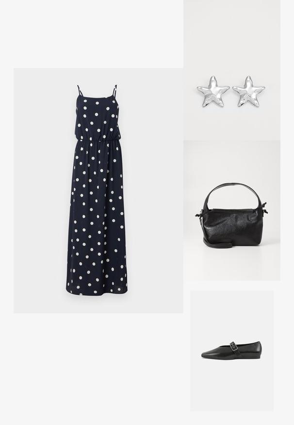 Navyblaues Maxikleid mit weißen Punkten. Verfügt über dünne verstellbare Träger, einen elastischen Bund und eine lockere Passform. Glatter Stoff.; Schwarze Lederflachschuhe mit spitzem Zehenbereich, ausgestattet mit einem metallischen Riemen über dem Spann und einer niedrigen, flexiblen Sohle.; Schwarze Lederhandtasche mit strukturiertem Design, rundem Haltegriff und abnehmbarem Schulterriemen. Sie weist eine glatte Oberfläche und einen subtilen Glanz auf.; Silberne sternförmige Ohrringe mit einer polierten, glänzenden Oberfläche. Jeder Ohrring hat fünf Spitzen und dezente Oberflächentexturdetails.