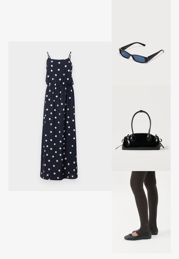 Navyblauwe maxi-jurk met witte stippen. Heeft dunne verstelbare bandjes, een elastische tailleband en een relaxte pasvorm. Gladde stoftextuur.; Benen met donkere geribbelde leggings gecombineerd met zwarte ballerina's met kleine strikdetails op een witte achtergrond.; Zwarte zonnebril met een slank rechthoekig frame en blauwe lenzen. Heeft een gladde textuur en stevige pootjes. Merklogo aan de zijkant.; Kleine zwarte glanzende handtas met twee lange hengsels en zijkant trekkoord details op een effen lichte achtergrond.