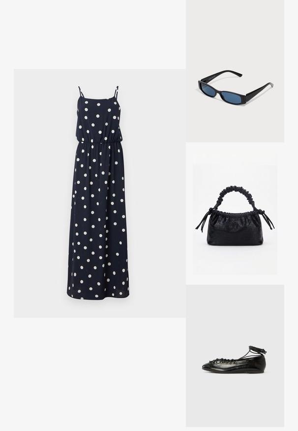 Navyblaues Maxikleid mit weißen Punkten. Verfügt über dünne verstellbare Träger, einen elastischen Bund und eine lockere Passform. Glatter Stoff.; Schwarze Ballerinas aus Lackleder mit runder Spitze, Schnürdesign und flacher Sohle. Glatte Textur mit minimaler Verzierung.; Schwarze Sonnenbrille mit einem eleganten rechteckigen Rahmen und blauen Gläsern. Besitzt eine glatte Oberfläche und robuste Scharniere. Markenlogo an der Seite.; Schwarze Handtasche mit Krokodilstruktur, gerafftem oberen Rand, zusammengezogenem Griff und Zugkordeln mit Quasten an jeder Seite vor weißem Hintergrund.
