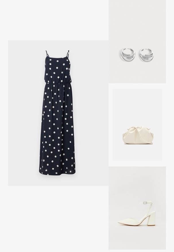 Navyblaues Maxikleid mit weißen Punkten. Verfügt über dünne verstellbare Träger, einen elastischen Bund und eine lockere Passform. Glatter Stoff.; Weißer sandal mit Absatz und spitzem Zehenbereich, verstellbarem Knöchelriemen und chunky quadratischem Absatz. Glatte Textur mit minimalen Nähdetails.; Weiche, cremefarbene Leder-Clutch mit gerafftem Design und einem dünnen Schulterriemen, der vorne auf einem schlichten Hintergrund liegt.; Paar polierte silberne Creolen mit geschichtetem, gebogenem Stabdesign auf einem einfarbigen hellen Hintergrund.