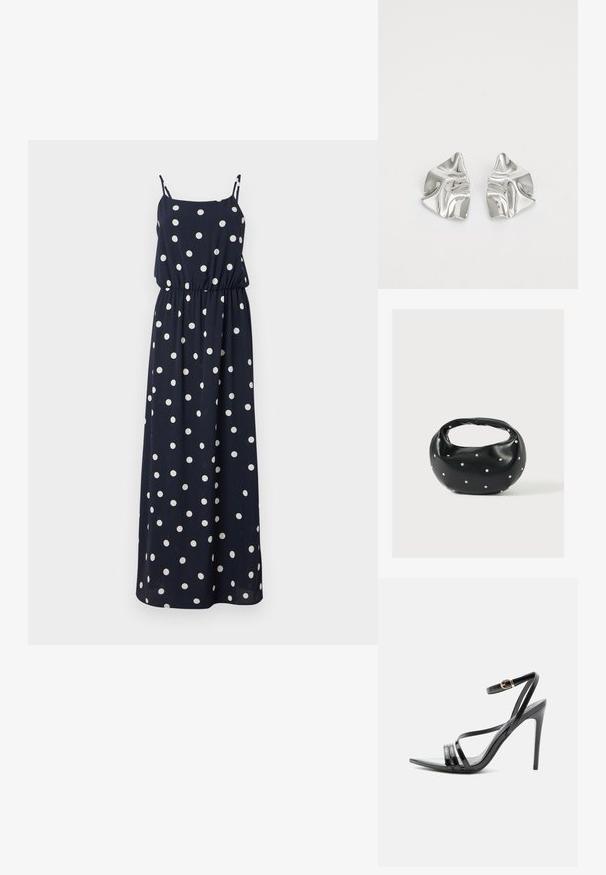 Navyblaues Maxikleid mit weißen Punkten. Verfügt über dünne verstellbare Träger, einen elastischen Bund und eine lockere Passform. Glatter Stoff.; Schwarze Sandale mit hohem Absatz und dünnen Riemen über den Zehen und am Knöchel, mit einer goldenen Schnalle an einem schlanken Stiletto-Absatz.; Schwarze Lederhandtasche mit abgerundeter Form, verziert mit silbernen Nietenakzenten und kurzem Griff. Glatte Struktur und Reißverschlussverschluss.; Silberne Metallohrringe mit einem wellenförmigen, skulpturalen Design, das eine polierte Oberfläche und unregelmäßige Formen aufweist, die eine zeitgenössische Ästhetik betonen.