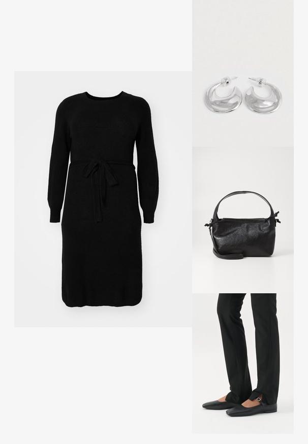 Robe tricotée noire à manches longues, décolleté rond et ceinture à nouer à la taille. Texture lisse et design mi-long.; Jambes vêtues d’un pantalon slim noir avec des fentes à l’avant de l’ourlet, assorties à des chaussures plates Mary Jane noires avec une petite bride à boucle.; Sac à main en cuir noir au design structuré, avec une poignée arrondie et une bandoulière amovible. Présente une texture lisse et un éclat subtil.; Une paire de boucles d'oreilles en croissant argenté poli avec des supports en plastique transparent sur une surface blanche.