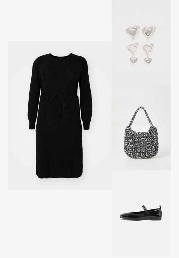 Robe tricotée noire à manches longues, décolleté rond et ceinture à nouer à la taille. Texture lisse et design mi-long.; Chaussure plate en cuir verni noir avec un bout pointu, une sangle de cheville avec boucles, et une texture lisse et brillante. Talon bas pour le confort.; Sac en osier noir et blanc de forme arrondie, avec une surface texturée et une poignée tressée. Convient à un usage décontracté.; Des boucles d'oreilles en argent en forme de cœur présentent des pierres claires facettées, avec un cadre texturé. L'ensemble comprend des styles à clou et des styles pendants.