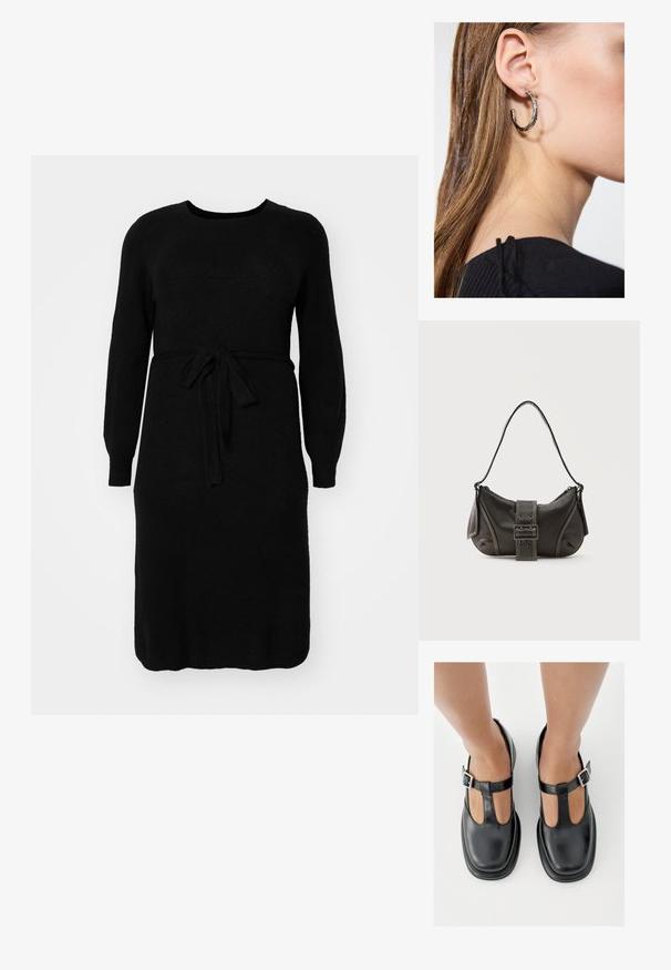 Robe tricotée noire à manches longues, décolleté rond et ceinture à nouer à la taille. Texture lisse et design mi-long.; Chaussures en cuir noir avec un design à bride en T, bout fermé et accents de boucles argentées. Texture lisse avec un bout arrondi et une semelle plate.; Sac à épaule en cuir noir avec une sangle à boucle, des bords arrondis et des coutures blanches contrastées sur un fond uni.; Boucle d'oreille en argent avec une finition polie, présentant de petits détails en or et de forme ronde, portée sur le lobe.
