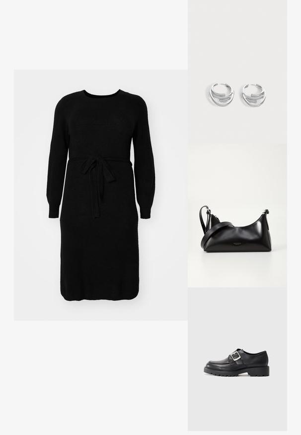 Robe tricotée noire à manches longues, décolleté rond et ceinture à nouer à la taille. Texture lisse et design mi-long.; Chaussures en cuir noir avec un bout arrondi, présentant un détail de boucle sur le côté et une semelle épaisse et robuste. Texture lisse avec peu de coutures.; Sac à main en cuir noir avec une texture lisse. Dispose d'une bandoulière adjustable et d'un design élégant et minimaliste avec une fermeture éclair.; Paire de boucles d'oreilles anneaux en argent poli avec un design de barre incurvée superposée sur un fond clair uni.