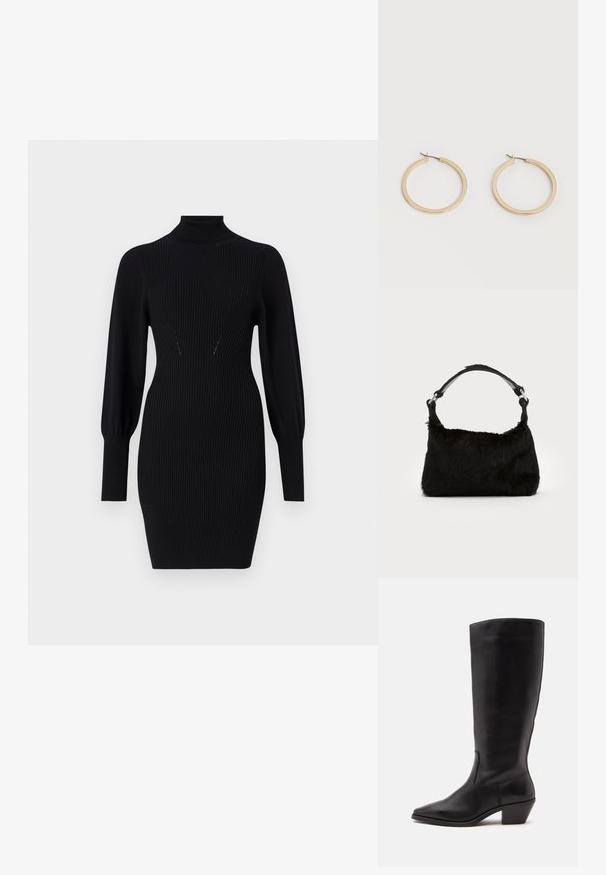 Robe noire en maille côtelée avec un col haut, des manches bouffantes longues et une silhouette ajustée. Présente des détails de design subtils au niveau de la poitrine.; Botte en cuir noire mi-mollet avec un bout pointu et un talon bas incliné sur un fond clair uni.; Sac à main en fausse fourrure noire avec une texture douce, une forme arrondie et une bandoulière en cuir noir robuste. Accent en métal argenté visible.; Paire de boucles d'oreilles créoles moyennes lisses ton or avec fermoirs à charnière sur fond clair uni.