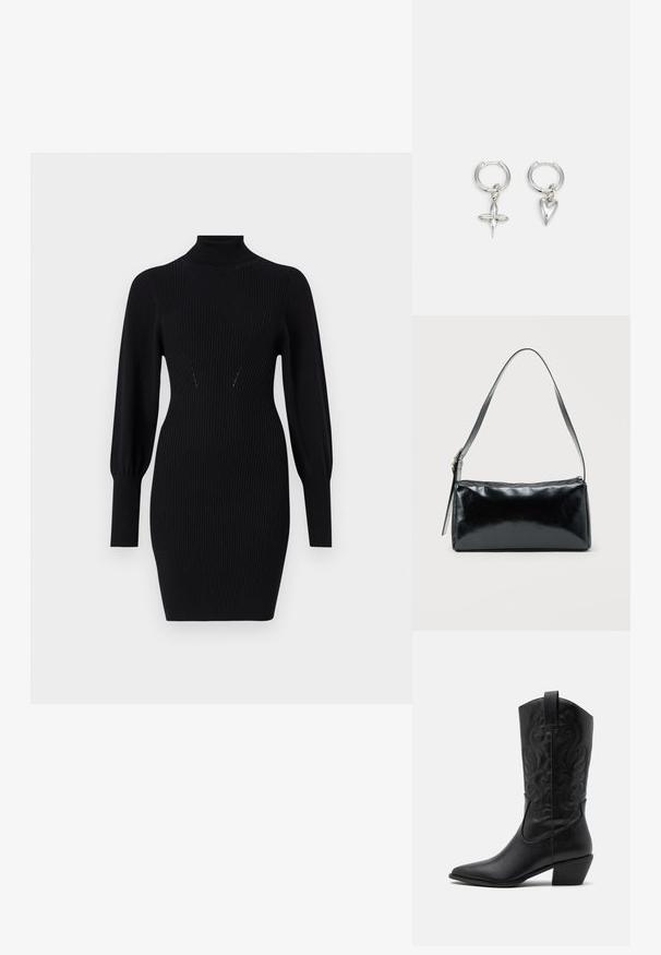 Robe noire en maille côtelée avec un col haut, des manches bouffantes longues et une silhouette ajustée. Présente des détails de design subtils au niveau de la poitrine.; Bottes de cowboy en cuir noir avec un bout pointu, des motifs en relief en spirale et un talon de hauteur moyenne. Équipées d'une languette pour un enfilage facile.; Sac d'épaule rectangulaire noir avec une sangle réglable unique et une fermeture éclair supérieure sur un fond uni.; Boucles d'oreilles en argent en forme de cerceau avec un charme croix et cœur. Texture lisse et brillante avec une finition polie. Chaque charmepend d'une boucle sécurisée.