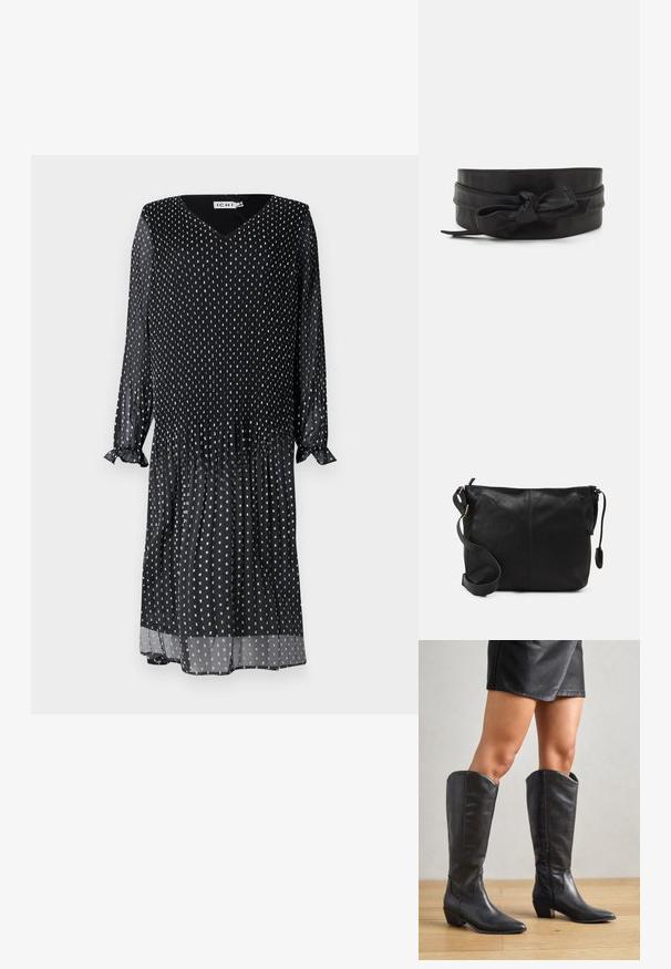Robe noire en tissu léger, avec un décolleté en V, des manches longues à volants et un motif à pois blancs sur l'ensemble.; Bottes noires montantes en cuir lisse, avec un bout pointu, un petit talon carré et une fermeture éclair sur le côté pour un enfilage facile.; Sac bandoulière en cuir noir avec une forme plate, accents en métal doré et une sangle ajustable. Texture lisse avec des détails de couture minimaux.; Ceinture en cuir noir avec une texture lisse, design à bande large, mettant en avant un accent noué à l'avant et une forme simple et épurée.
