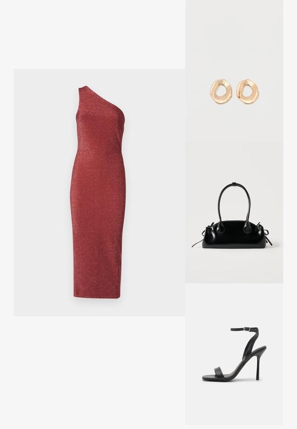 Ασύμμε vestido κόκκινο με έναν ώμο φτιαγμένο από λαμπερό, υφαντό ύφασμα. Σφιχτή σιλουέτα με μήκος μέχρι το γόνατο.; Μαύρο σανδάλι με ψηλό τακούνι, λεπτό λουρί στον αστράγαλο και δύο μπροστινές λωρίδες. Κατασκευασμένο από λείο δέρμα με κομψή μυτερή μύτη και στιλέτο τακούνι.; Μικρή μαύρη γυαλιστερή τσάντα με δύο μακριές λαβές και λεπτομέρειες με ρυθμιζόμενο κορδόνι στο πλάι σε απλό ανοιχτό φόντο.; Ζευγάρι σκουλαρικιών κρίκος από μέταλλο σε χρυσή απόχρωση με γυαλιστερό φινίρισμα και ακανόνιστο σχήμα, με ανοιχτό κέντρο, σε λευκό απλό φόντο.