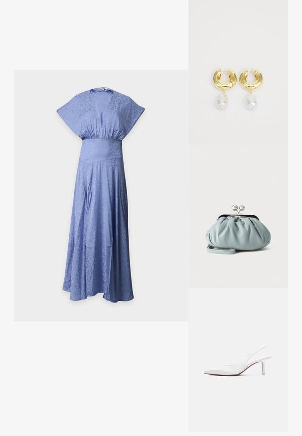 Robe longue bleu clair avec épaules larges, décolleté en V profond, taille froncée et motif floral subtil sur tissu lisse.; Chaussure pour femme en cuir blanc avec bride arrière, bout pointu, petit talon kitten bas et petit nœud décoratif sur le dessus, vue de profil latéral.; Petit porte-monnaie en cuir bleu clair avec fermoir métallique argenté de type kiss-lock et court bracelet de poignet sur fond uni.; Boucles d'oreilles en métal doré avec une finition polie, ornées d'une perle blanche irrégulière suspendue. Design circulaire, texture lisse.