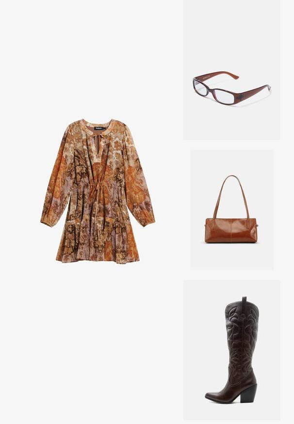 Bloemrijk patroon jurk met lange mouwen, een keyhole decolletée en een trekkoord in de taille. Bevat oranje, bruin en paarse tinten.; Lange donkerbruine leren cowboylaars met gestikte decoratieve patronen, spitse neus en gestapelde blokhak.; Bruin getinte rechthoekige brillen met een glanzende afwerking, met slanke pootjes en doorzichtige glazen. Logo zichtbaar op de linkertempel.; Rechthoekige bruine leren handtas met twee lange schouderriemen, een gladde glanzende afwerking en een minimalistisch ontwerp op een effen achtergrond.