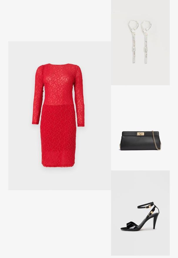 Robe en dentelle rouge avec manches longues, présentant un motif floral texturé et une silhouette ajustée. Tissu semi-transparent sur l'ensemble.; Sandale à talon haut en cuir verni noir avec double bride de cheville et boucles dorées, bout ouvert, et talon effilé sur fond neutre.; Pochette en cuir noir avec fermeture à torsion en métal doré et une bandoulière chaîne assortie dorée.; Boucles d'oreilles pendantes en argent avec des cristaux clairs rectangulaires et ronds alignés verticalement, sécurisées par des fermoirs à levier.